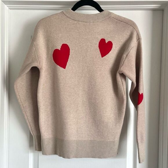 Tahari Love Hearts Crew Neck Sweater Tan Red Size XS - Picture 3 of 9